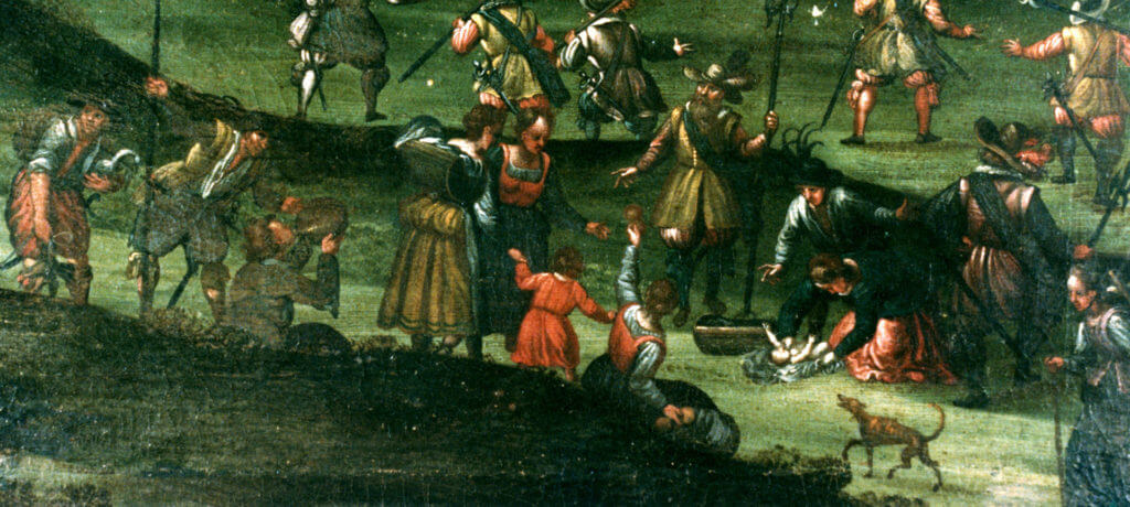 Druhý detail dobového obrazu zachycujícího tažení na bitvu na Bílé hoře. Je uložen v kostele Santa Maria della Vittoria v Římě.