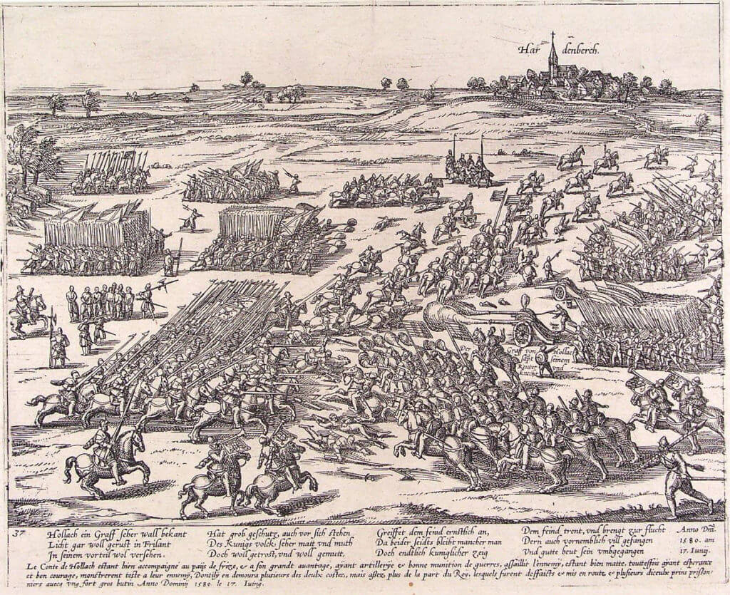 Ukázka bitvy z roku 1580, zde konkrétně u Hardenbergu v rámci boj Nizozemců o nezávislost.
