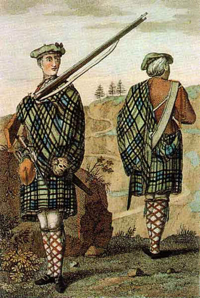 Voják z Vysočiny (Highlands) z roku 1744.