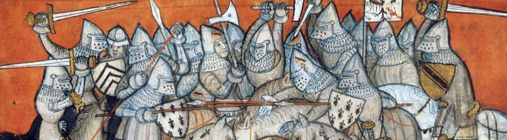 Dobové ilustrační zobrazení rytířské bitvy.