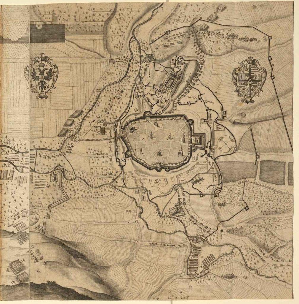 Oblehání Brna 1645 na rytině, která vznikla patrně někdy kolem roku 1650.