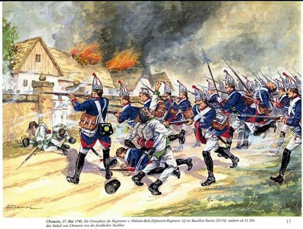 Útok pruské pěchoty na Chotusice v bitvě u této vesnice 17. května 1742