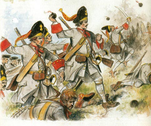 Granátníci na počátku 18. století vrhající granáty