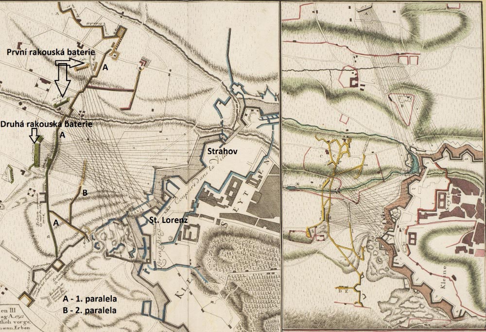 Rozložení vojsk a zákopů Rakušanů, kteří oblehli Prahu obsazenou Francouzi roku 1742
