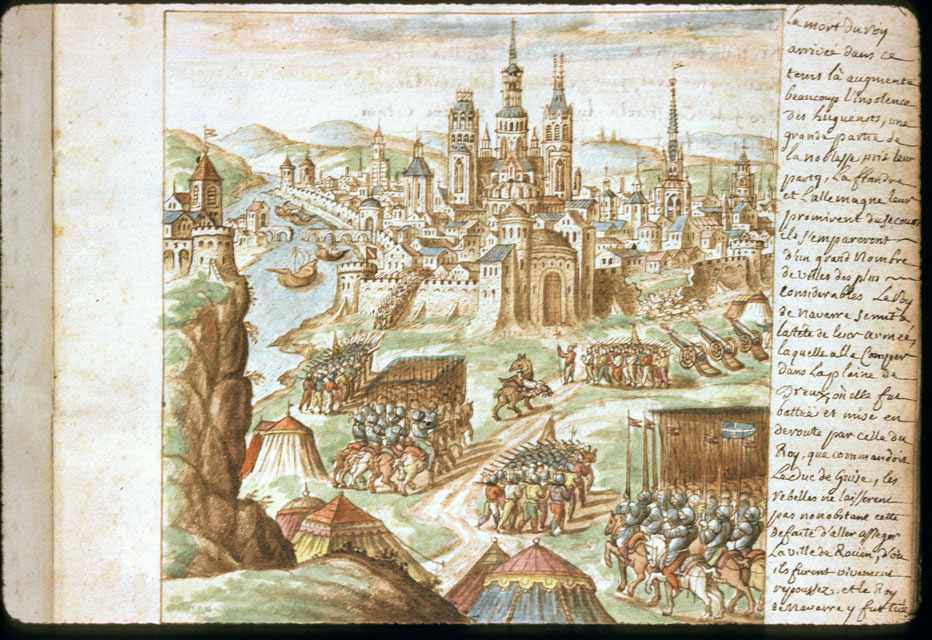 Obléhání Rouenu (říjen 1562). Iluminace z rukopisu Carmen de tristibus Galliae (1577)
