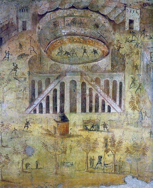 Dobová malba Pompejského Amfiteátru zobrazuje bitku mezi pomejskými a capujskými fanoušky