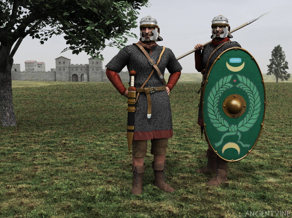 Dvojice auxiliánů před římskou pevností na digitální rekonstrukci