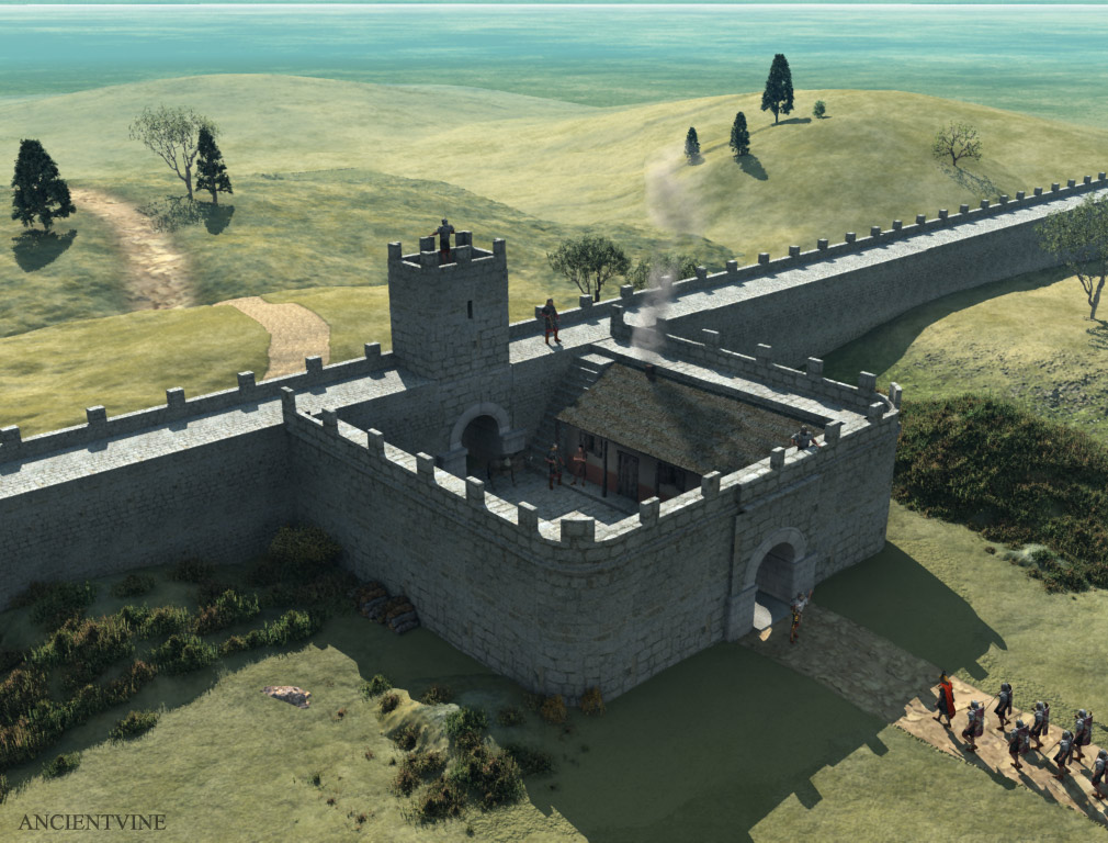 Rekonstrukce mílového kastelu na Hadrianově valu. Tyto malé pevnosti s posádkou 30 až 50 mužů byly rozmístěny ve vzdálenosti 1 římské míle