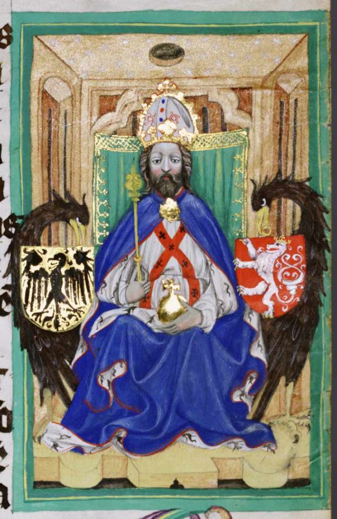 Císař Karel IV. v Gelhausenově kodexu z 15. století. Není tam v rytířské póze na koni, ale jako moudrý vládce svých zemí na trůnu