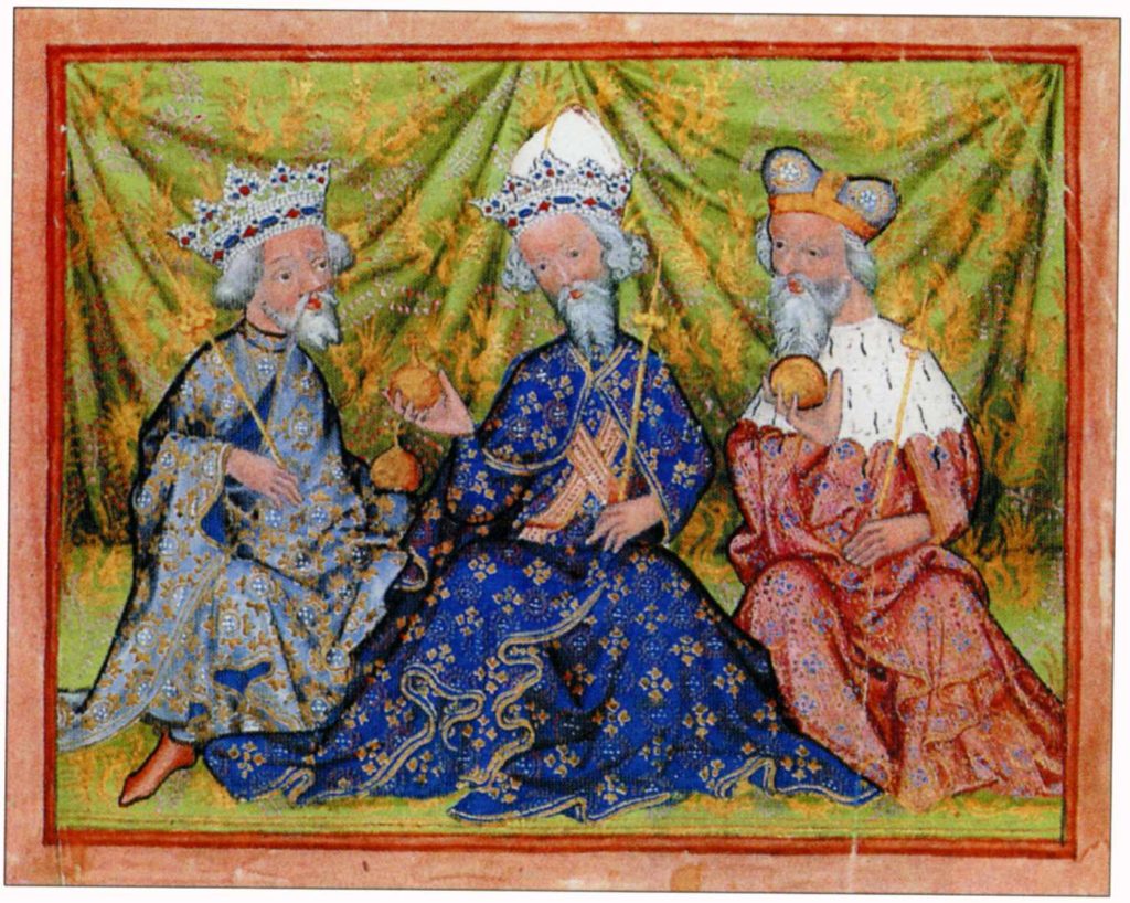 Jošt (vpravo) ve společnosti Karla IV. (uprostřed) a Václava IV. (vlevo) v olomoucké právní knize Václava z Jihlavy z roku 1430