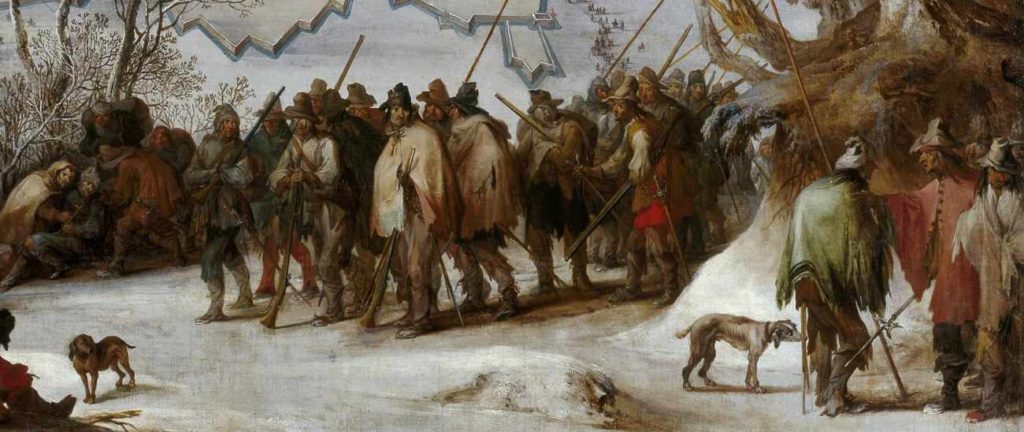 Vojáci oblečení do hadrů při obléhání Aire-sur-la-Lys roku 1641