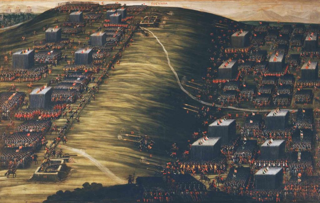 Stavovské vojsko (vlevo) stojící v pozicích na Bílé hoře proti císařsko-ligistickému vojsko (vpravo)
