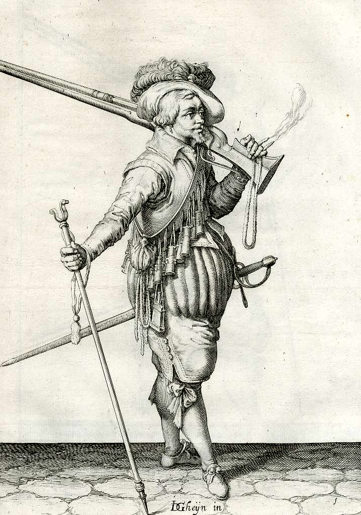 Mušketýr na rytině Jacquese de Gheyna z roku 1608