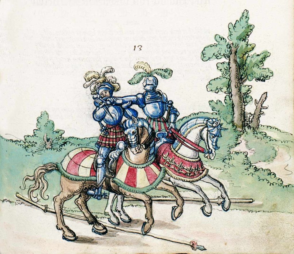 Techniky boje dýkou a zápasu ve zbroji na koni z fechtbuchu Goliath vydaného mezi lety 1510 a 1520