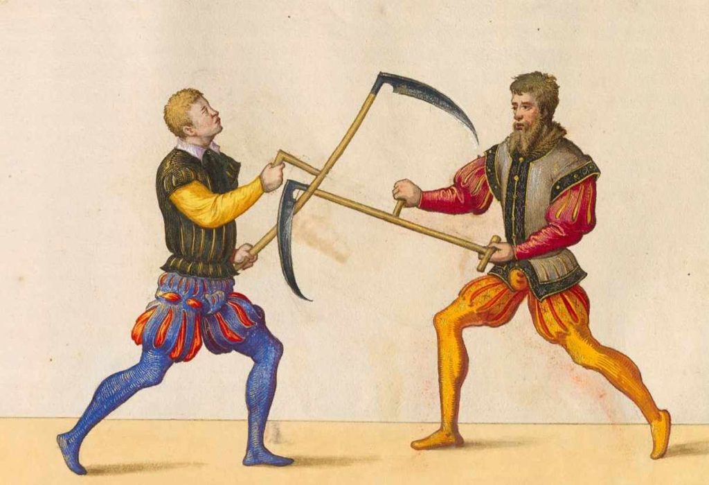 Techniky šermu kosou podle P. H. Maira z Opus Amplissimum de Arte Athletica vydaného roku 1548