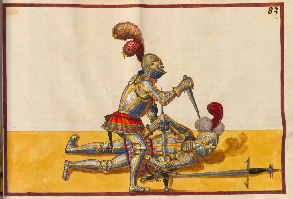 Souboj meči ve zbroji a dobíjení dýkou z Mairova rukopisu