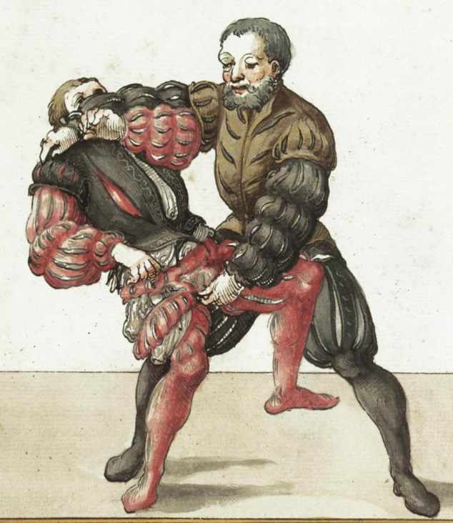 5. Uchopení a shození. Ukázka z knihy Fabiana von Auerswald v pozdějším opise od Pauluse Hectora Maira z roku 1548.