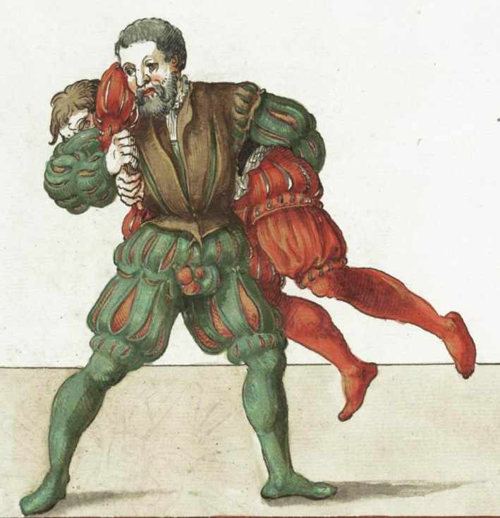7. Proběhnutí pod paží. Ukázka z knihy Fabiana von Auerswald v pozdějším opise od Pauluse Hectora Maira z roku 1548.