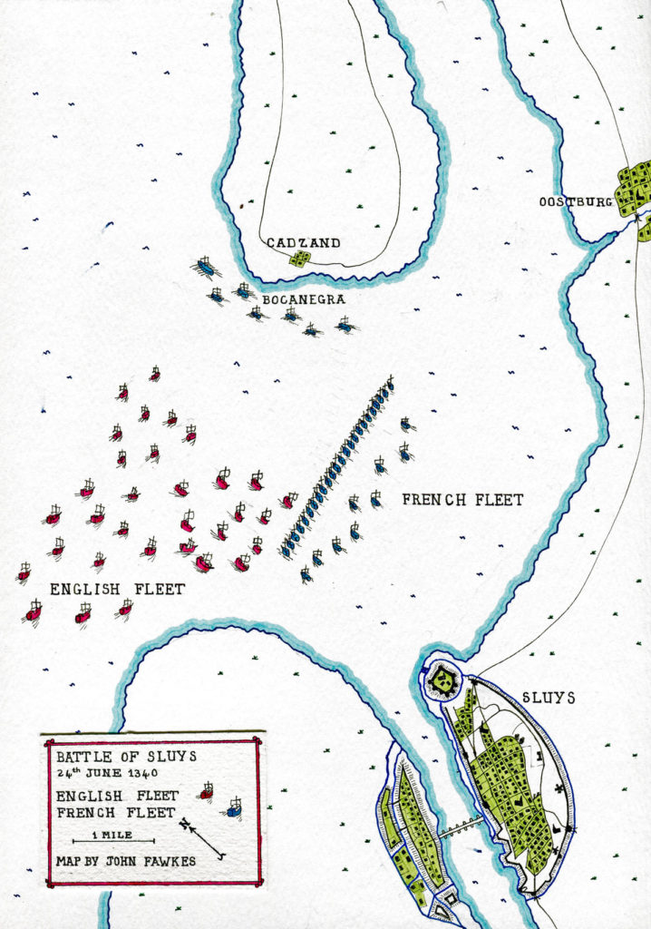Plán rozmístění lodí v bitvě u Sluys, 24. června 1340