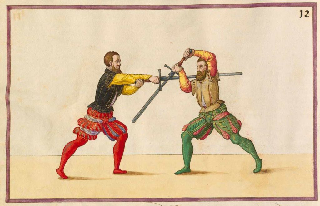 1. Odvrácení protivníkova útoku mečem vedeným shora. Rukopis Opus Amplissimum de Arte Athletica (1548) od P. H. Maira.
