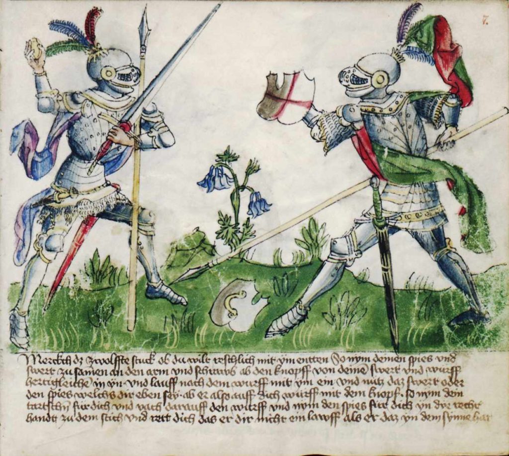 2. Meč a kopí v jedné ruce. Fechtbuch Gladiatoria (cca 1435–1440)