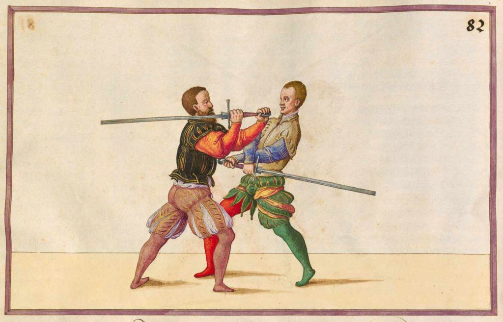 2. Takto se odráží soupeřův útok na tvůj obličej úderem vedeným do jeho boku. Rukopis Opus Amplissimum de Arte Athletica (1548) od P. H. Maira.