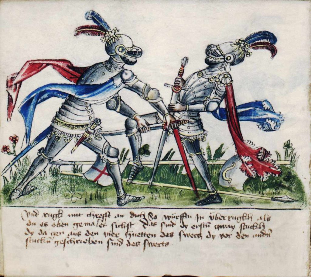 3. Úder mečem s přetočeným hrotem.Fechtbuch Gladiatoria (cca 1435–1440)