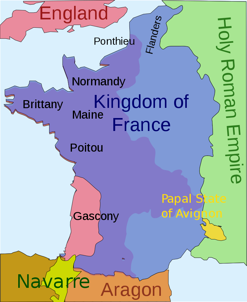 Mapa středověké Francie s anglickým územím na kontinentální Evropě na počátku stoleté války