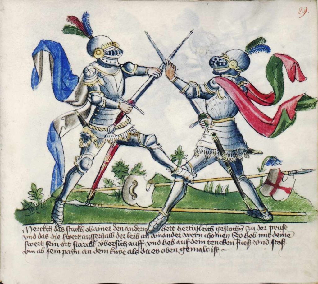 4. Kop po zdvihnutí meče. Fechtbuch Gladiatoria (cca 1435–1440)