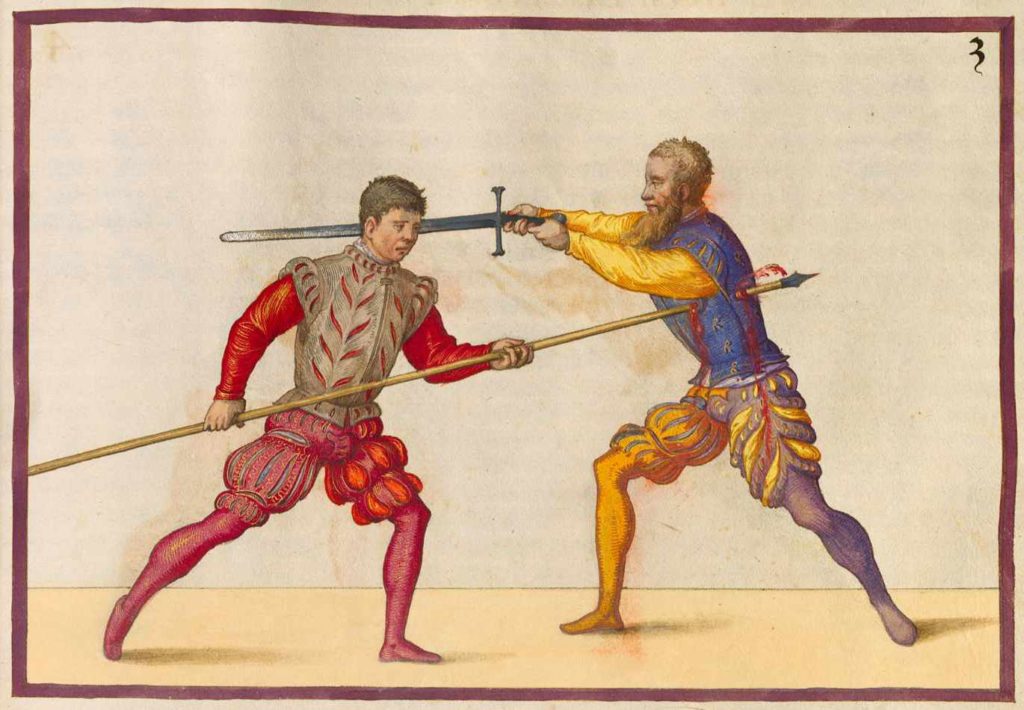6. Dlouhé kopí proti meči. Rukopis Opus Amplissimum de Arte Athletica (1548) od P. H. Maira.