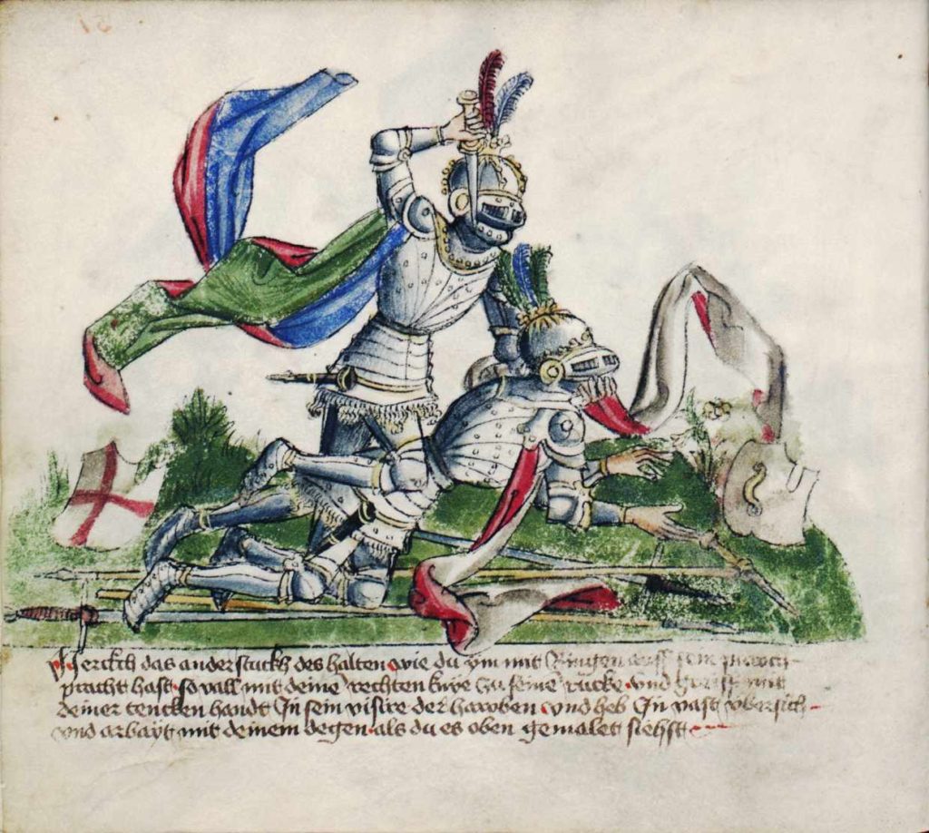 8. Bod dýkou do průzoru helmy. Fechtbuch Gladiatoria (cca 1435–1440)