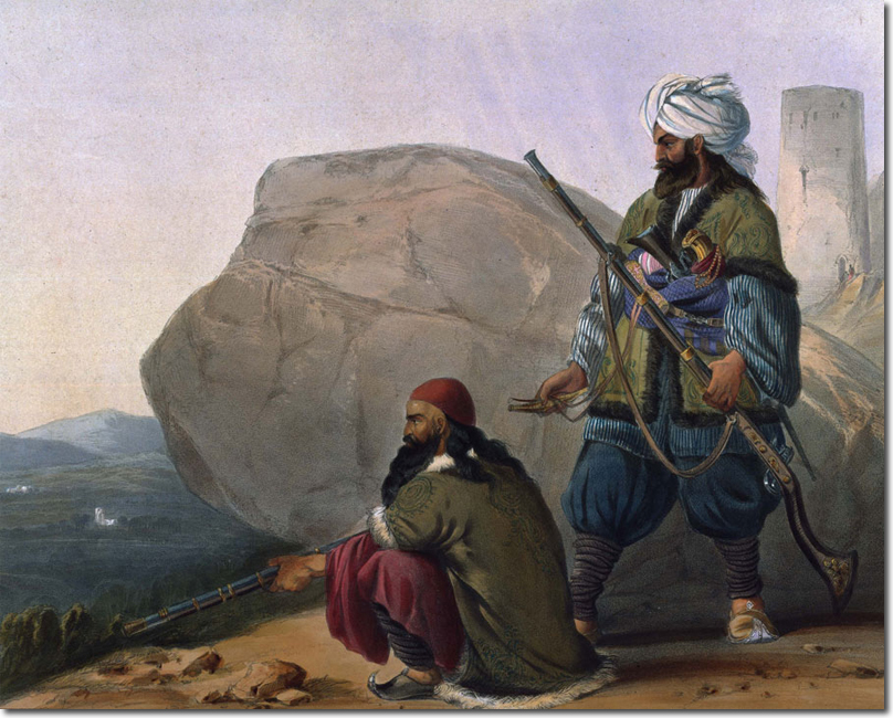 Afghánští střelci v zimním oděvu u vstupu do údolí Urgundeh roku 1842 na dobové ilustraci