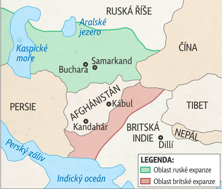 Bojiště Velké hry, počátek 19. století, Z mapy je zřejmá klíčová poloha Afghánistánu. Mapa z časopisu Historické války