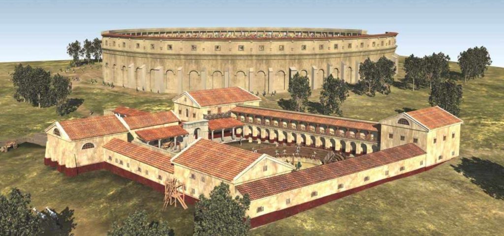 Amfiteátr a gladiátorská škola (ludus) v římském osídlení v Carnuntu v Dolním Rakousku