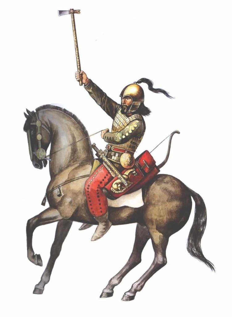 Skýthský válečník na koni v plné zbroji v 7. století př. n l., kdy tito válečníci představovali postrach východní Evropy i Blízkého východu