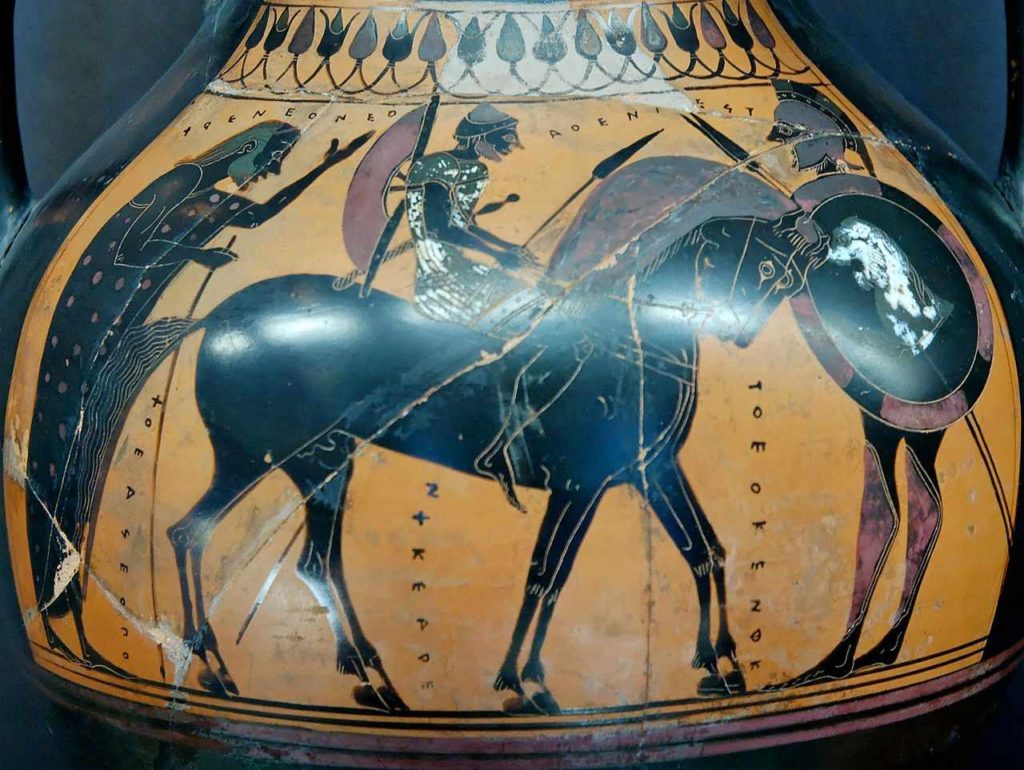 Plně vyzbrojený jezdec (hippeus) zobrazený na attické černofigurové keramické nádobě, cca 540 př. n. l.