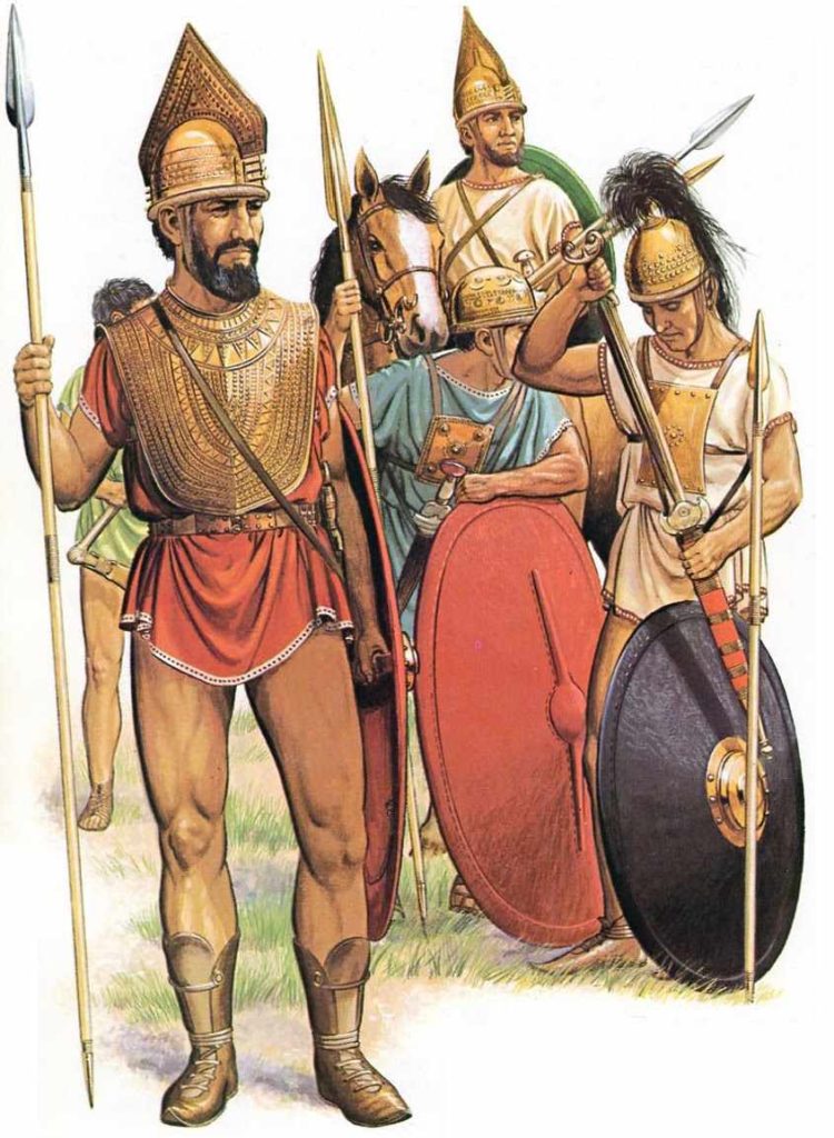 Vojáci z římské královské doby v bronzové zbroji včetně příslušníka jízdy