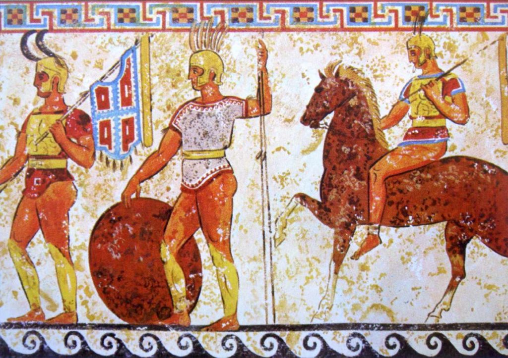 Samnitští bojovníci zobrazeni na fresce v hrobce z italské Noly, cca 4. století př. n. l. Právě italičtí spojenci tvořili základ římské republikánské jízdy a Samnité z jižní Itálie se po třech prohraných válkách stali pro římskou armádu velkou posilou