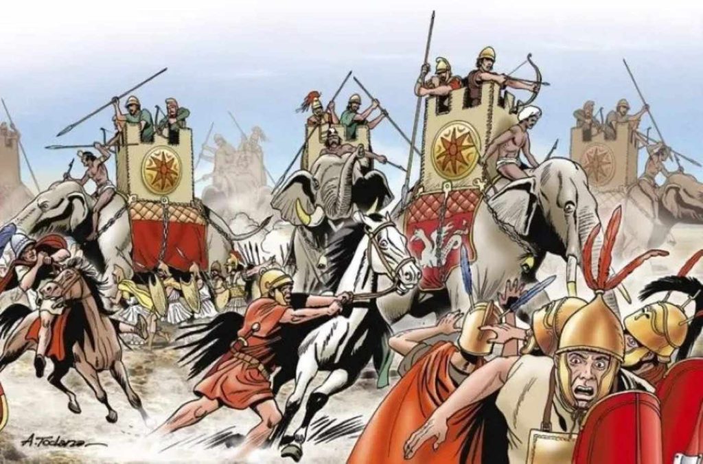 Ilustrace Angela Todara zobrazující strach v očích římských vojáků i koní, poté co na bitevní pole dorazili Pyrrhovi sloni, kteří tak vlastně rozhodli bitvu u Heraclea roku 280 př. n. l.