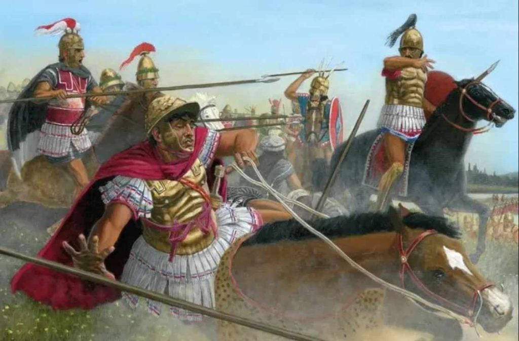 Épeirotský král Pyrrhus padá poté, co pod ním římský jezdec zabil vrhem kopí jeho koně
