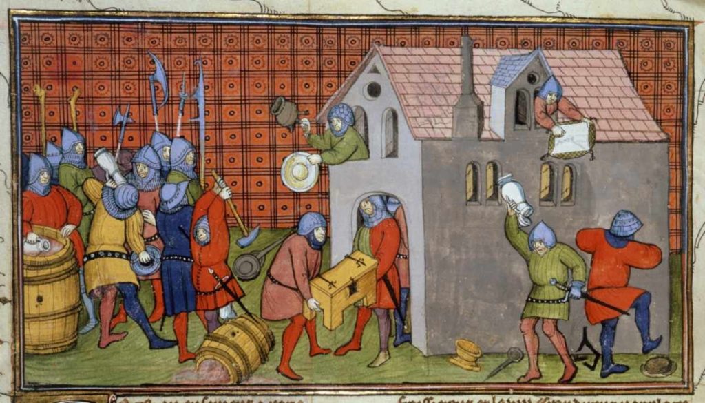 Rabování města ve 14. století na dobové ilustrační iluminaci