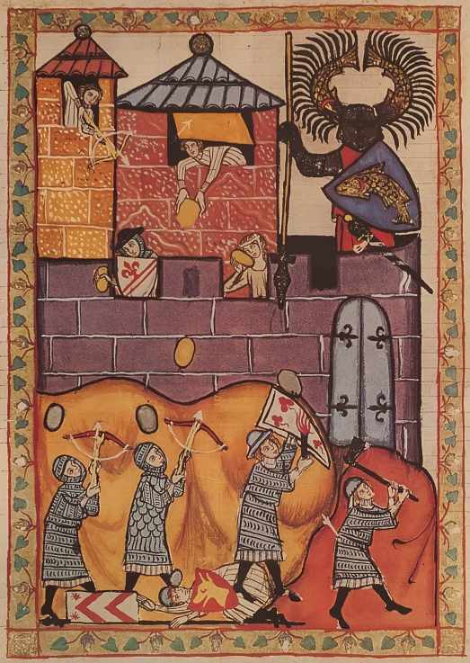 Ilustrační zobrazení obléhání hradu či dobývání hradeb ve středověkém kodexu