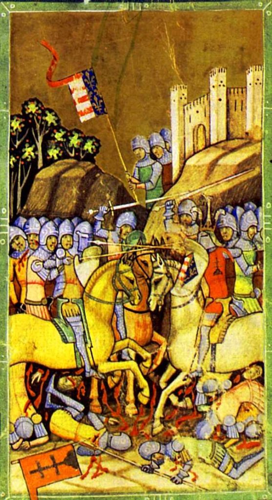 Bitva u Rozhanovců z roku 1312 ve Vídeňské obrázkové kronice vytvořené kolem roku 1360