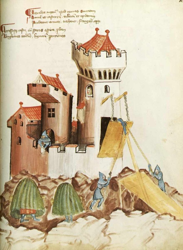 Dobývání hradu v Kyeserově spisu Bellifortis (Umění války) z počátku 15. století