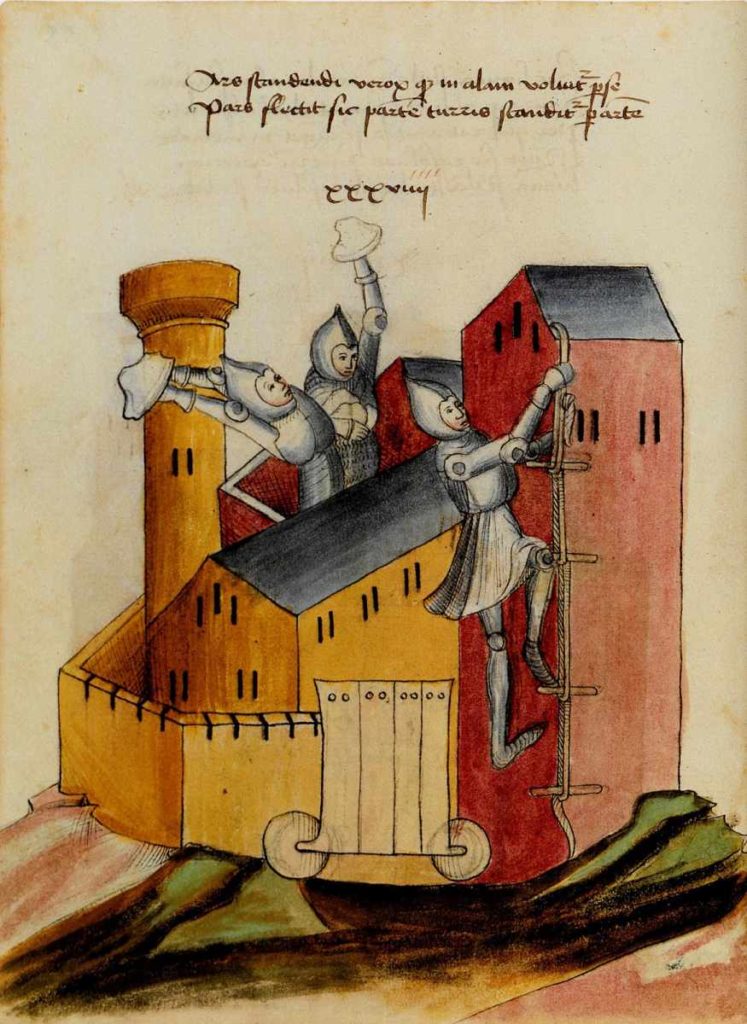 Útok na hrad v Kyeserově spisu Bellifortis (Umění války) z počátku 15. století
