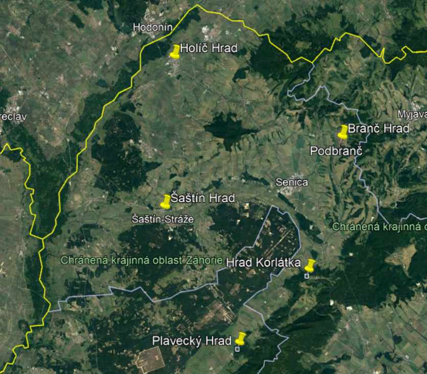 Oblast vyřezaná z dnešní mapy Záhorie, někdejšího panství Matúše Čáka na hranicích s Moravou, s vyznačením důležitých hradů