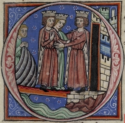 Johanna s bratrem Richardem se setkávají s francouzským králem Filipem II. Augustem, středověká iluminace 1230