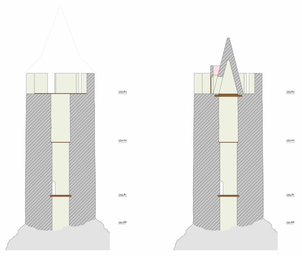 Obr. 6 - Dvě varianty rekonstrukce bergfrítové věže hradu Skalka (M. Sýkora).