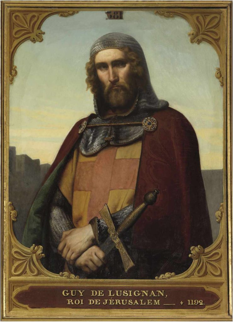Guy z Lusignanu, jeruzalémský (vládl 1186–1187) a později kyperský (vládl 1192–1194) král, v představě Francoise-Edouarda Picota, 1843