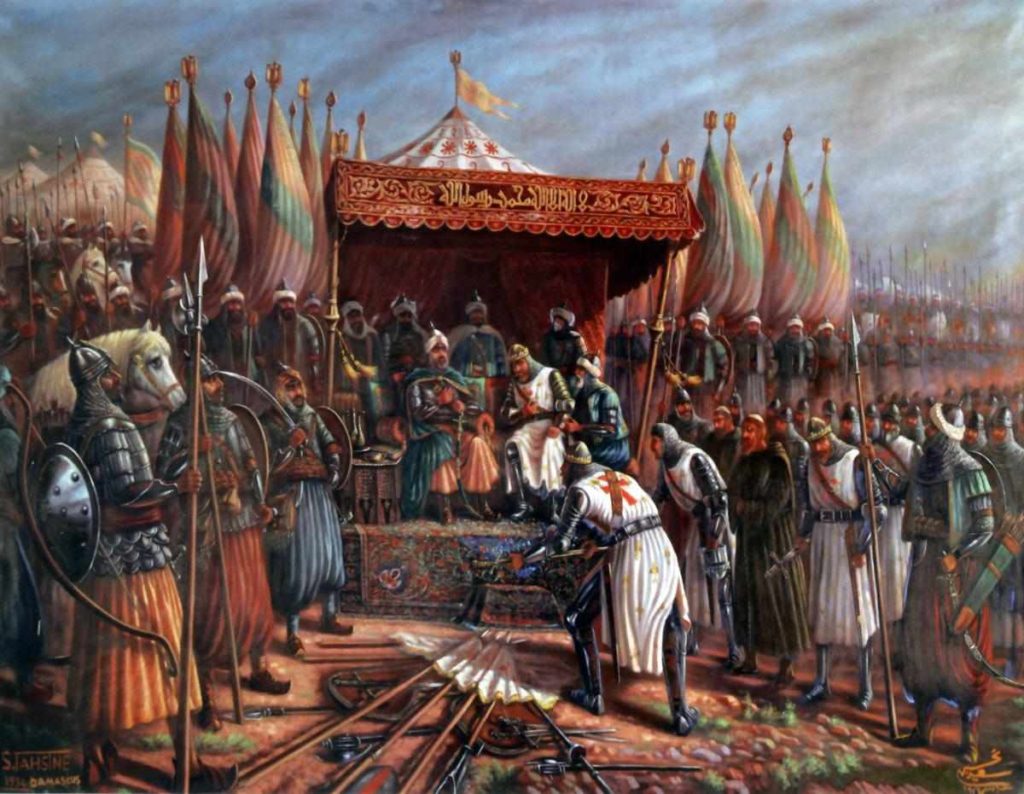 Guy z Lusignanu a Saladin se setkávají po bitvě u Hattínu. Saladin po vítězné bitvě nabídl Guyovi nabídl pohár vody, což v arabské tradici znamenalo darovat zajatcovi život